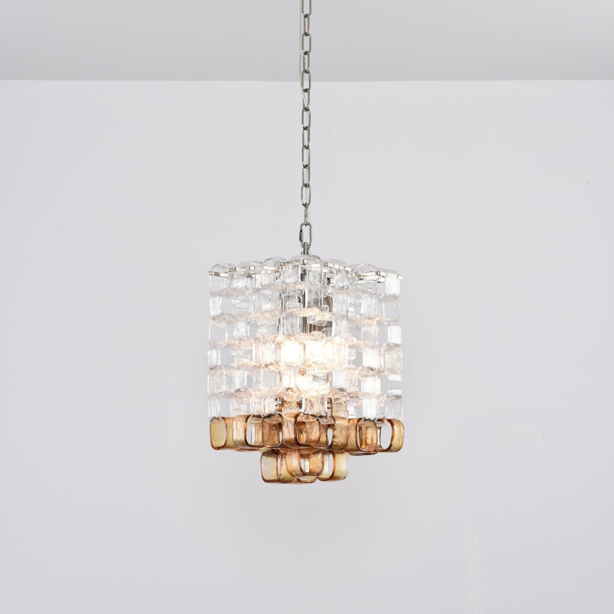 Interlocking Glass Chandelier with Amber Cups and Chrome Frame