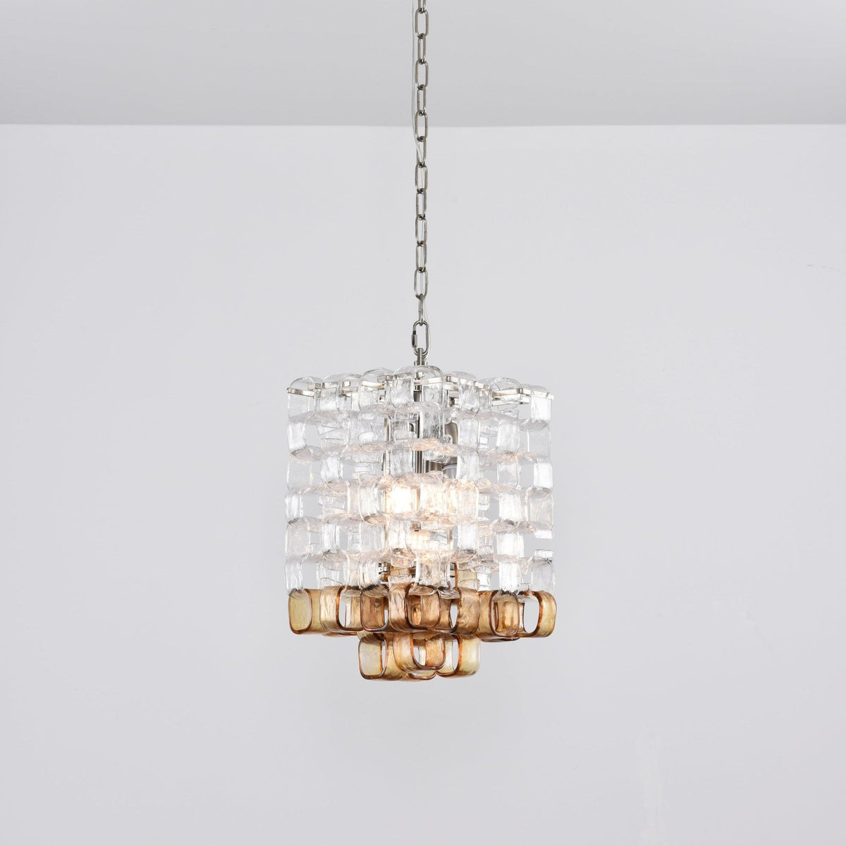 Interlocking Glass Chandelier with Amber Cups and Chrome Frame
