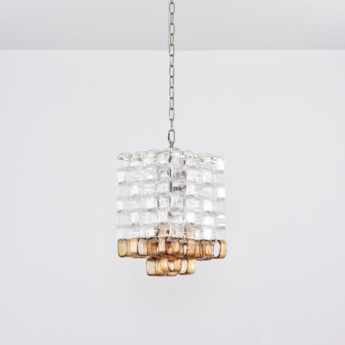 Interlocking Glass Chandelier with Amber Cups and Chrome Frame