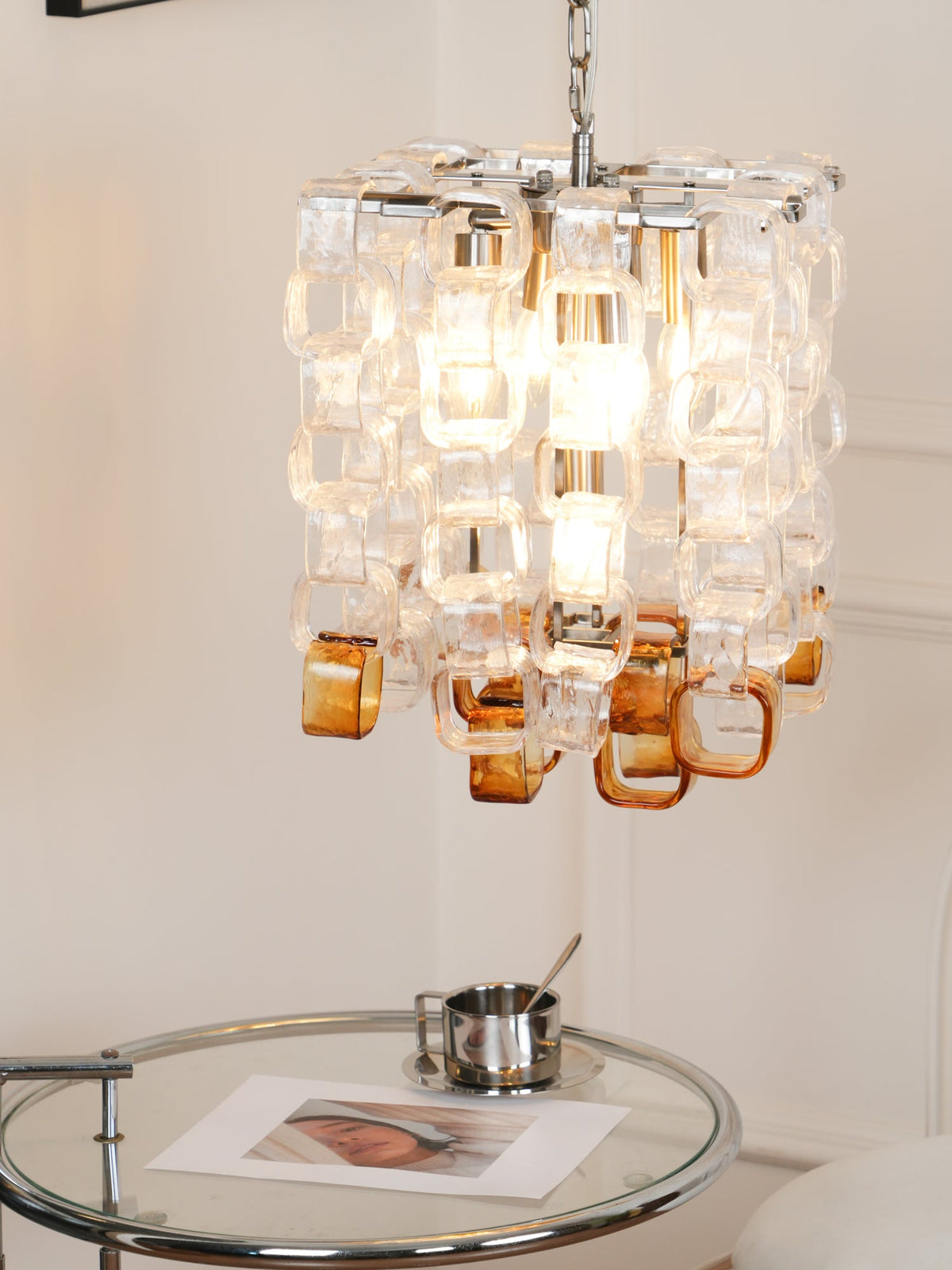 Interlocking Glass Chandelier with Amber Cups and Chrome Frame