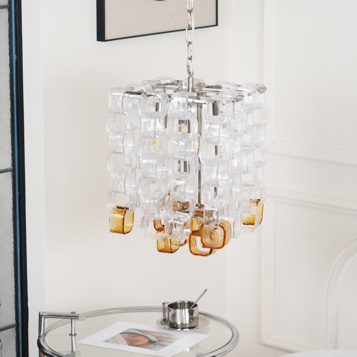 Interlocking Glass Chandelier with Amber Cups and Chrome Frame