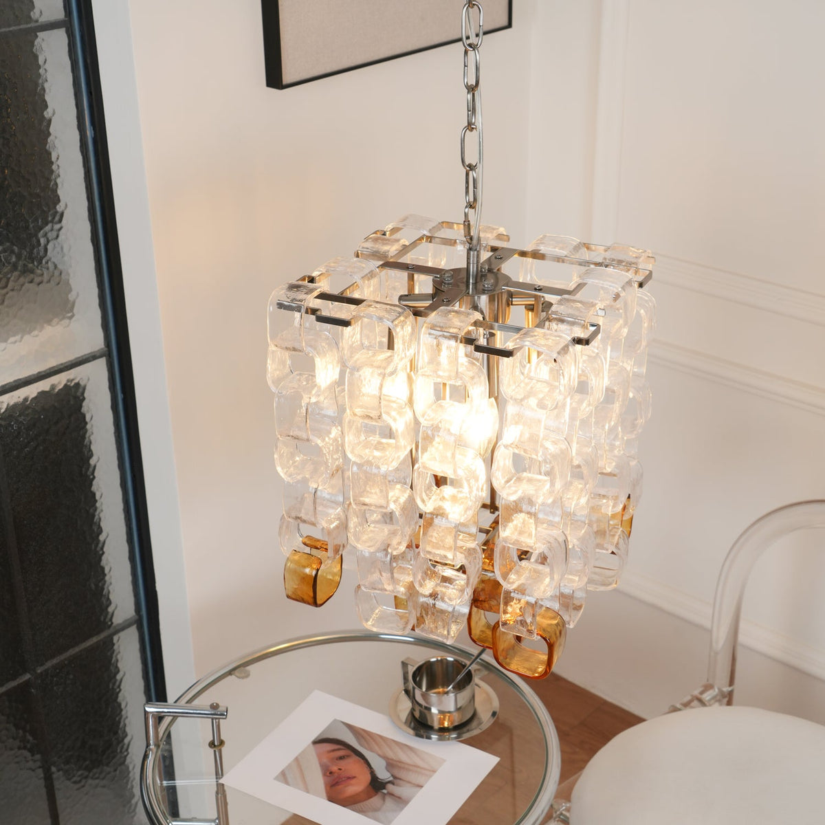 Interlocking Glass Chandelier with Amber Cups and Chrome Frame
