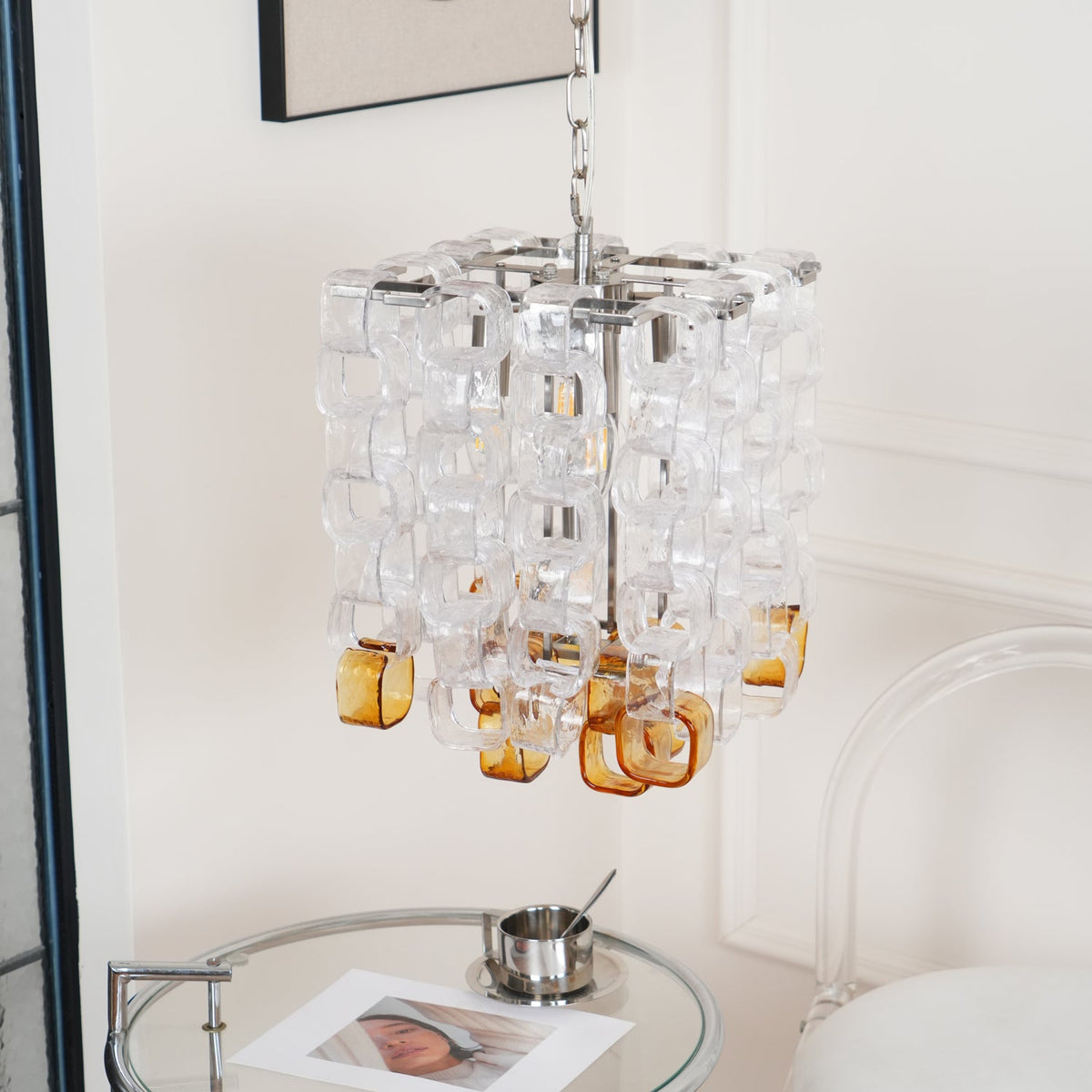 Interlocking Glass Chandelier with Amber Cups and Chrome Frame