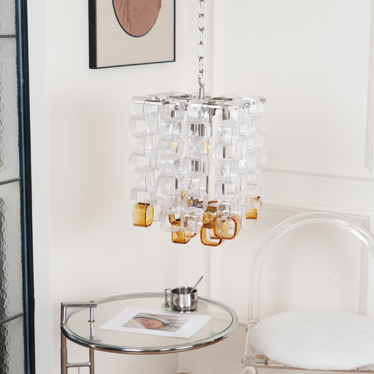 Interlocking Glass Chandelier with Amber Cups and Chrome Frame