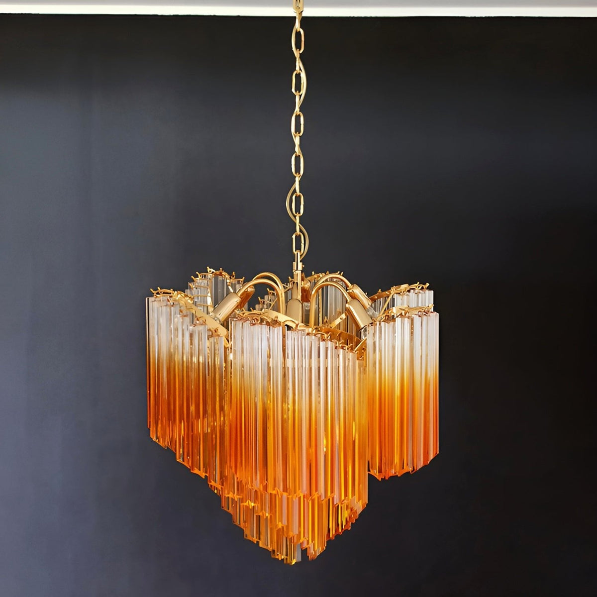 Blush Pink Glass Prism Chandelier with Gold Accents
