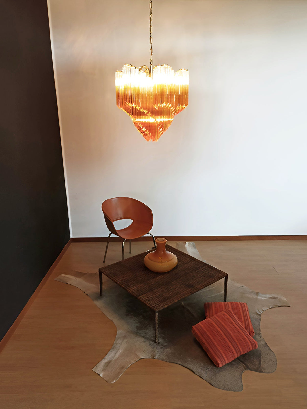 Blush Pink Glass Prism Chandelier with Gold Accents