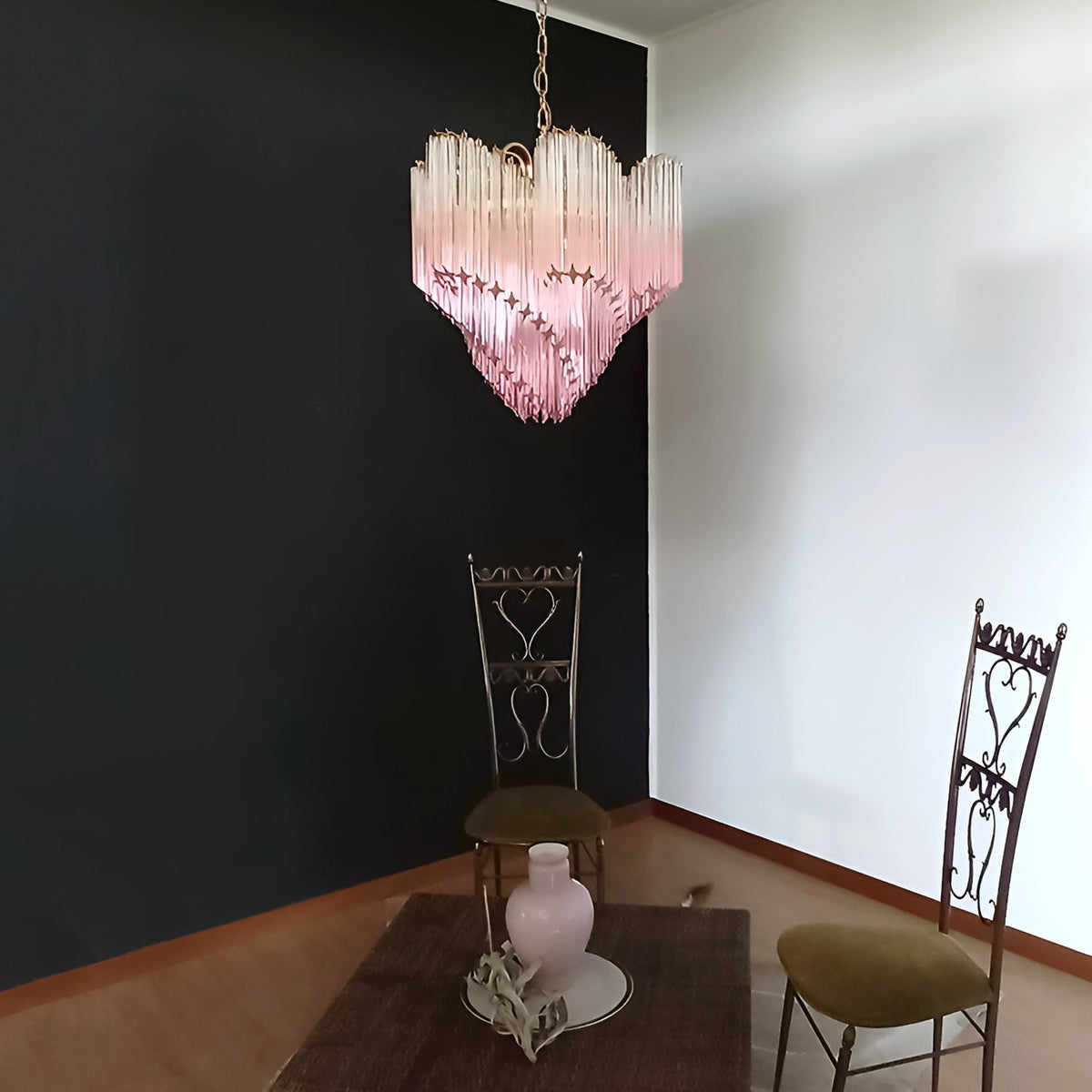 Blush Pink Glass Prism Chandelier with Gold Accents