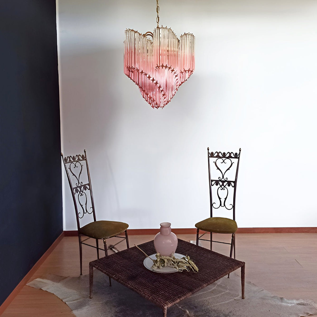 Blush Pink Glass Prism Chandelier with Gold Accents