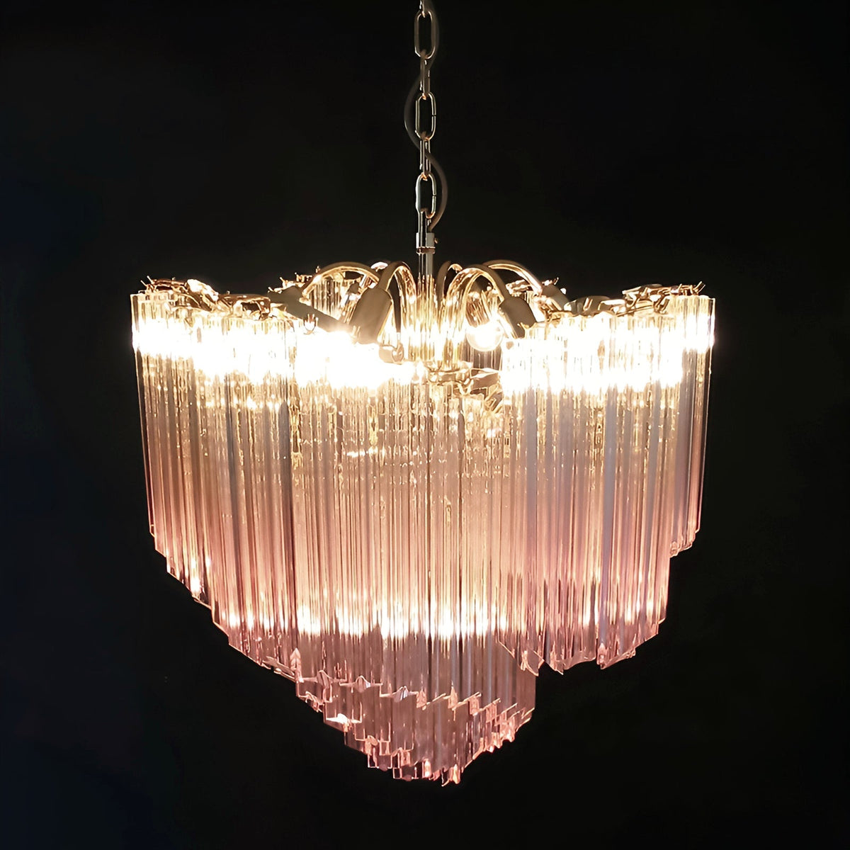 Blush Pink Glass Prism Chandelier with Gold Accents