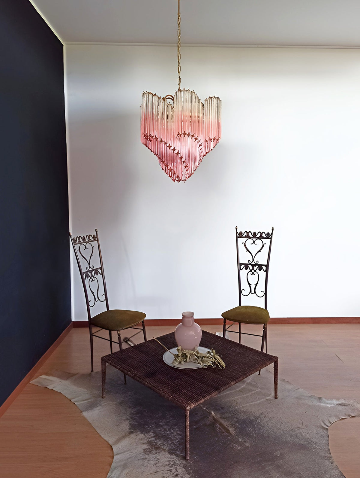 Blush Pink Glass Prism Chandelier with Gold Accents