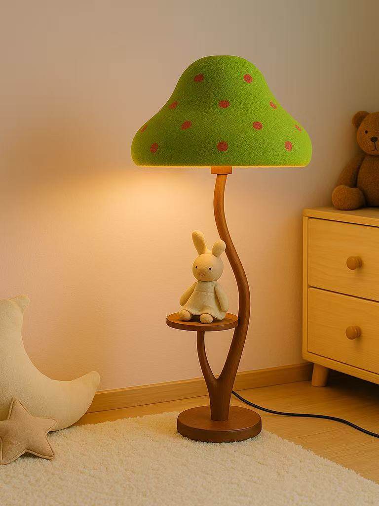 Mushroom Grove Floor Lamp with Walnut Side Table, Green Shade