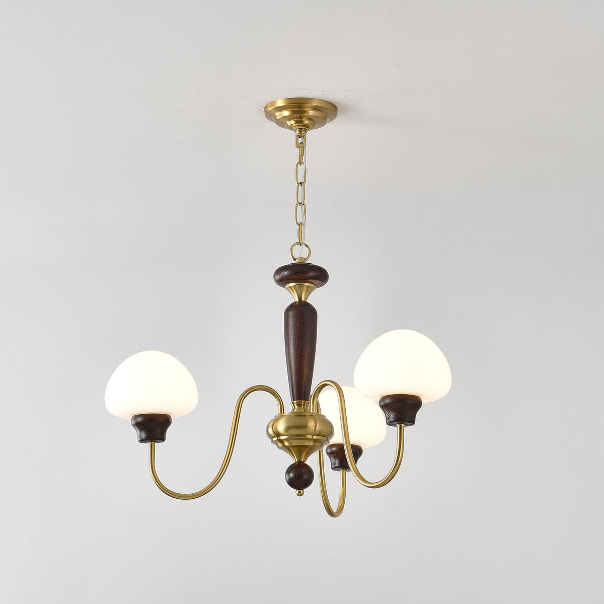 Mushroom Cap Chandelier in Walnut and Gold with Opal Glass Shades