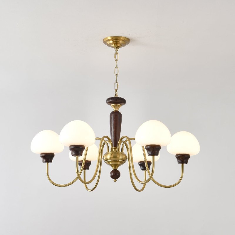 Mushroom Cap Chandelier in Walnut and Gold with Opal Glass Shades