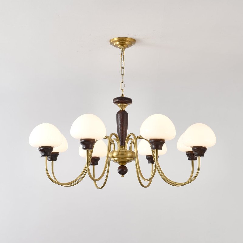 Mushroom Cap Chandelier in Walnut and Gold with Opal Glass Shades