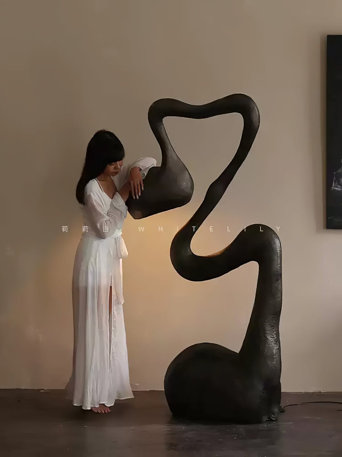 Myrrh Sculptural Floor Lamp in Matte Black with Gold Interior
