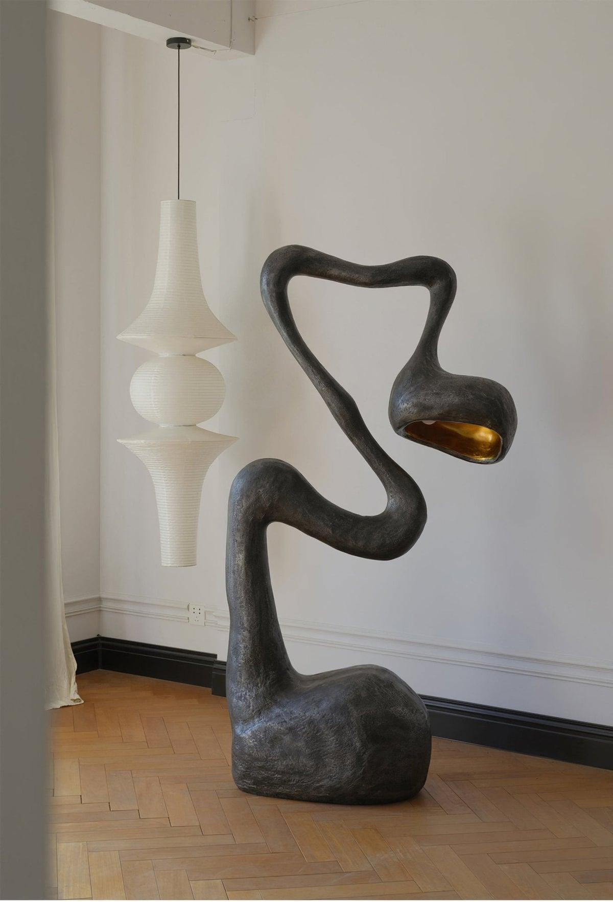 Myrrh Sculptural Floor Lamp in Matte Black with Gold Interior