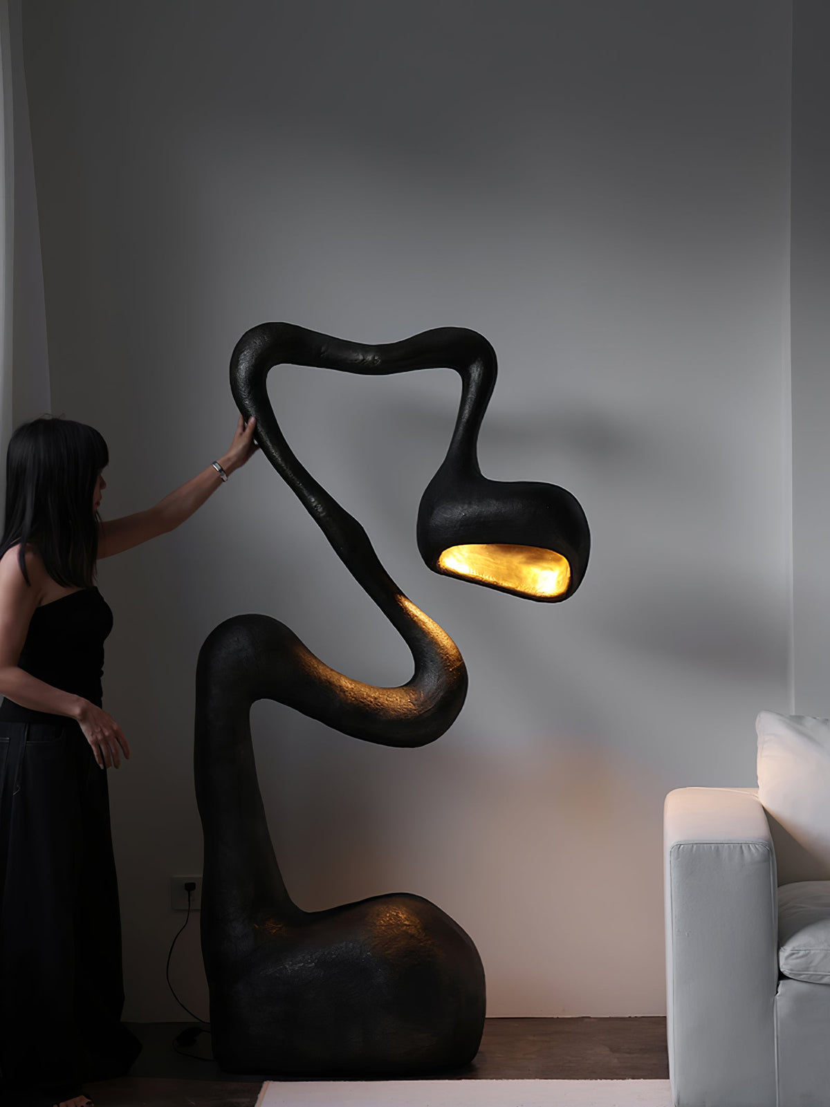 Myrrh Sculptural Floor Lamp in Matte Black with Gold Interior