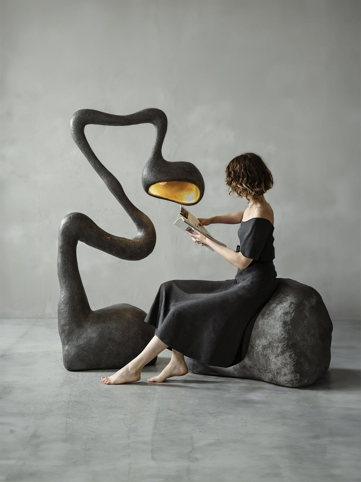 Myrrh Sculptural Floor Lamp in Matte Black with Gold Interior