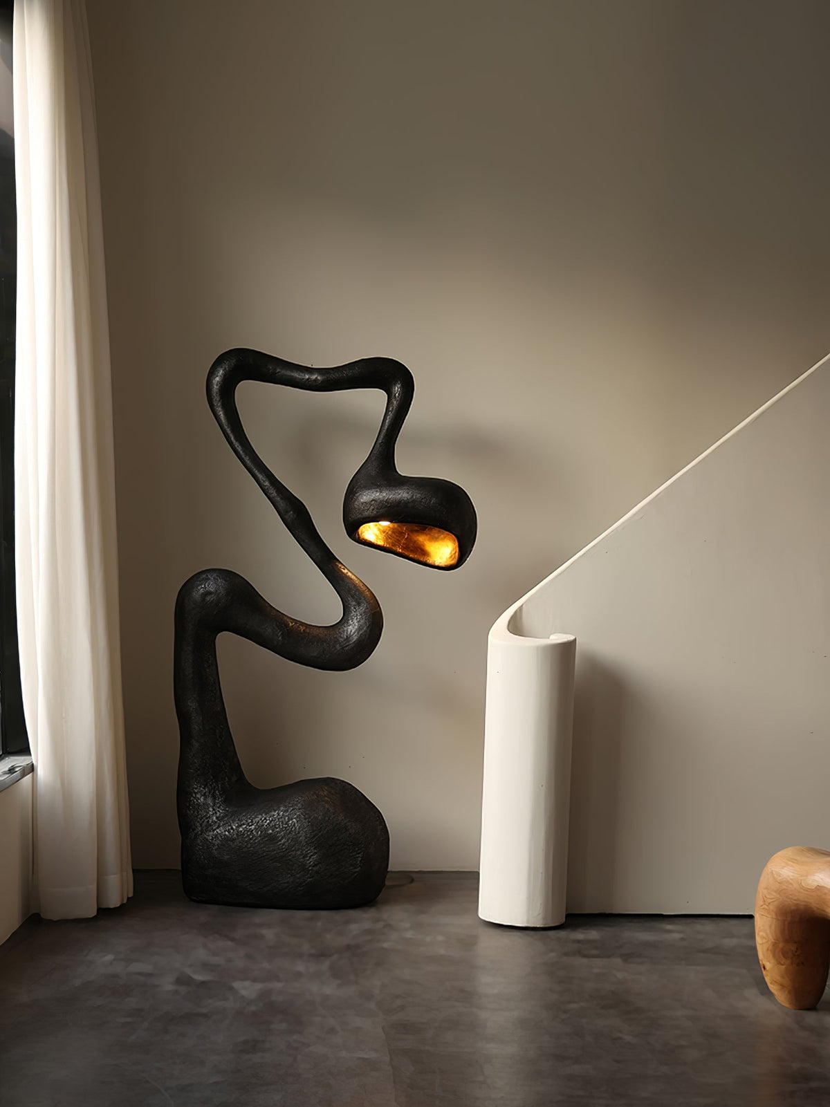 Myrrh Sculptural Floor Lamp in Matte Black with Gold Interior