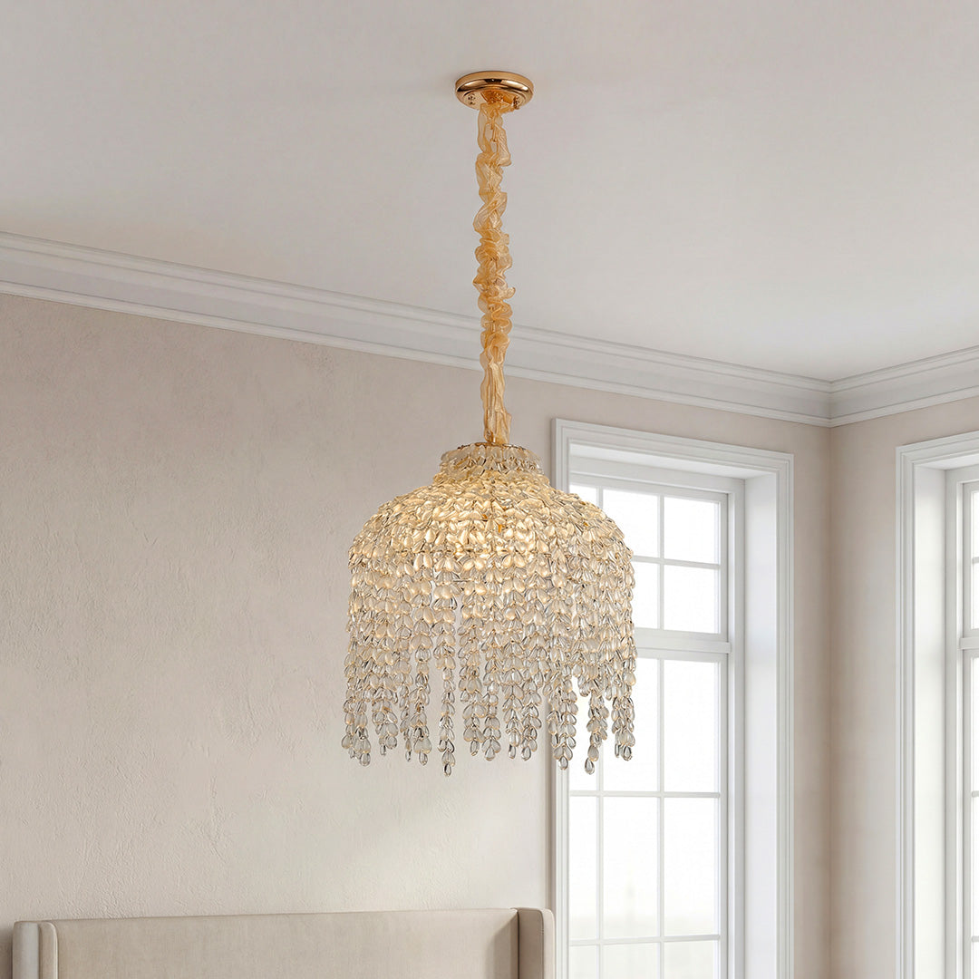 Teardrop Crystal Chandelier in Gold Finish, French-Inspired Ceiling Light