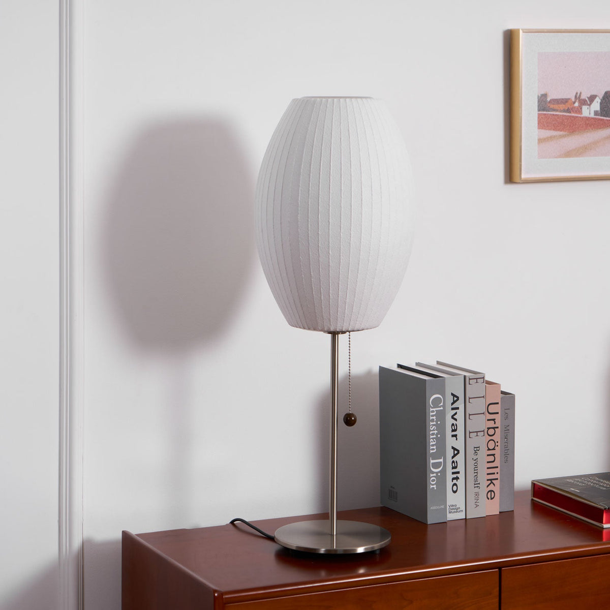 Faux Silk Bubble Table Lamp with Chrome Stem and Pull Chain
