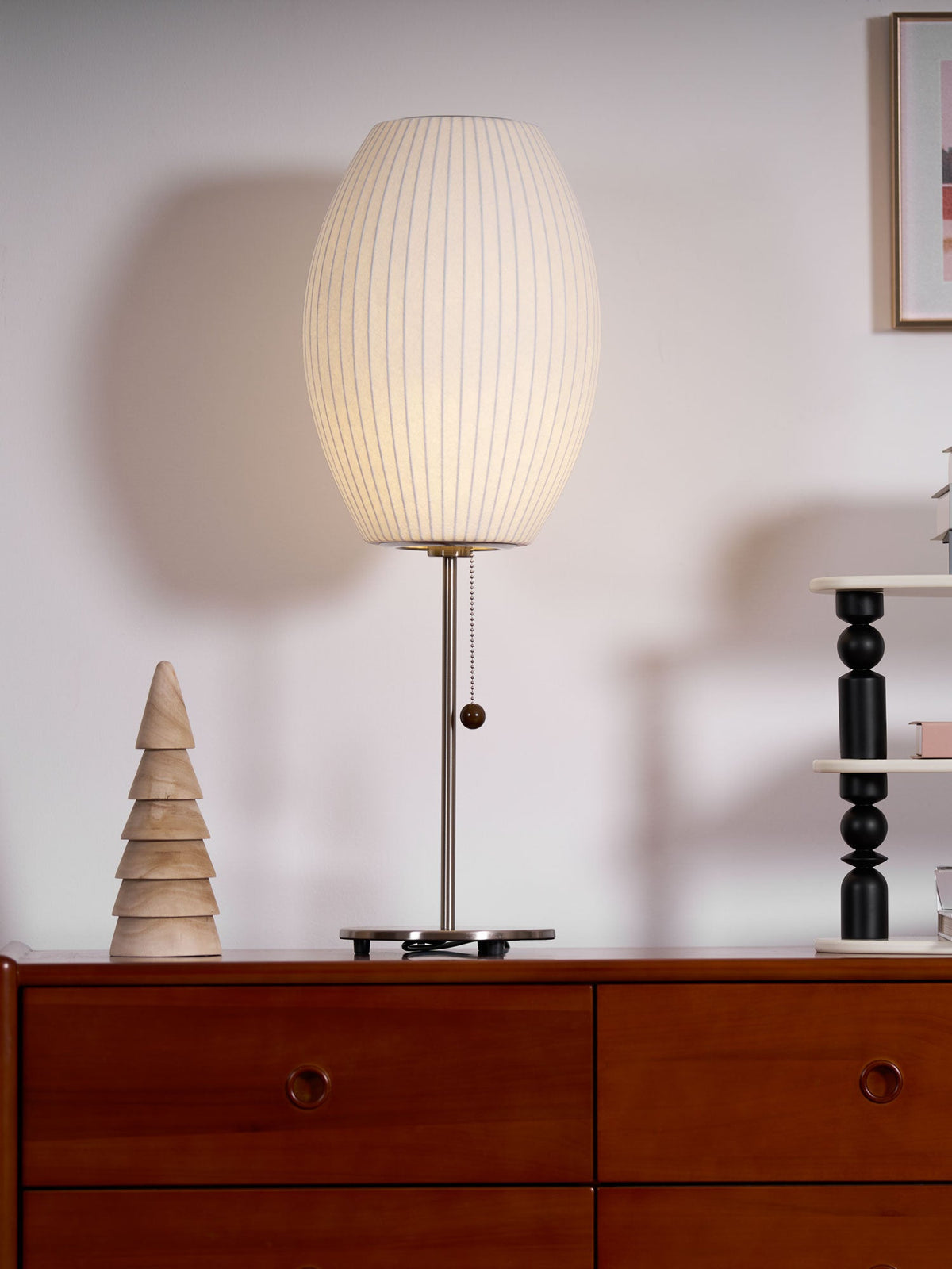 Faux Silk Bubble Table Lamp with Chrome Stem and Pull Chain