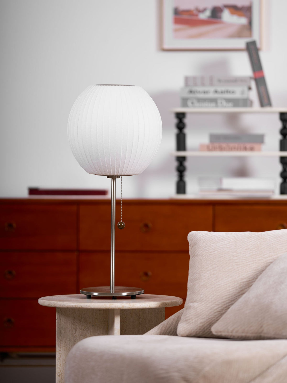 Faux Silk Bubble Table Lamp with Chrome Stem and Pull Chain