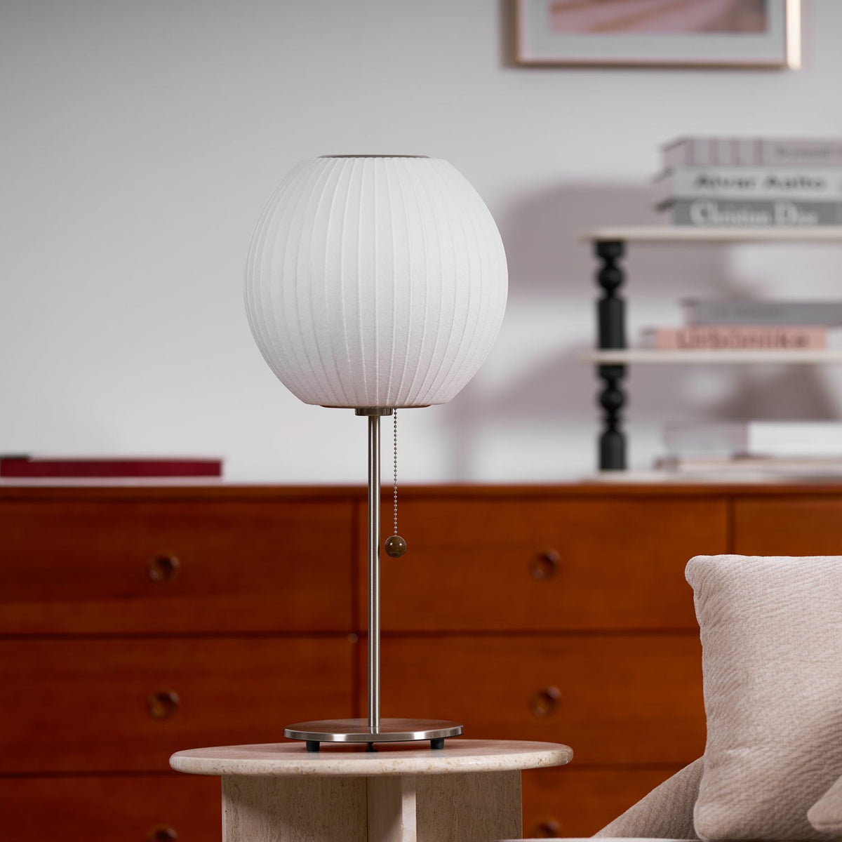 Faux Silk Bubble Table Lamp with Chrome Stem and Pull Chain