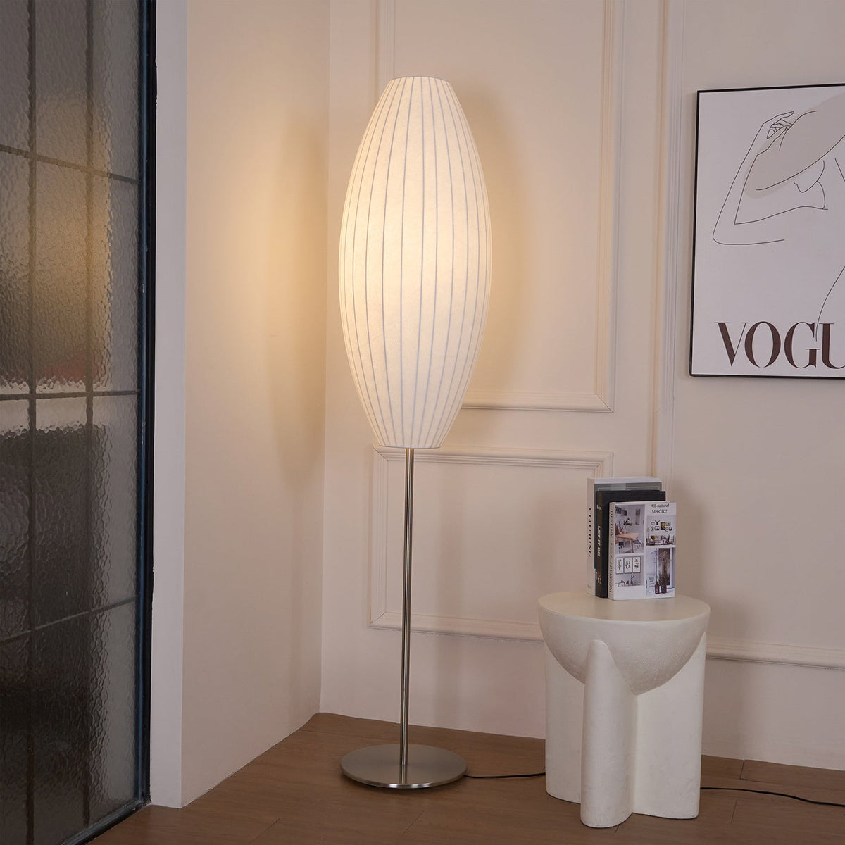 Lumina Spherical Floor Lamp – Handcrafted Silk Shade in Polished Chrome