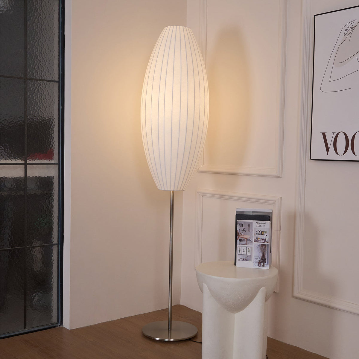 Lumina Spherical Floor Lamp – Handcrafted Silk Shade in Polished Chrome