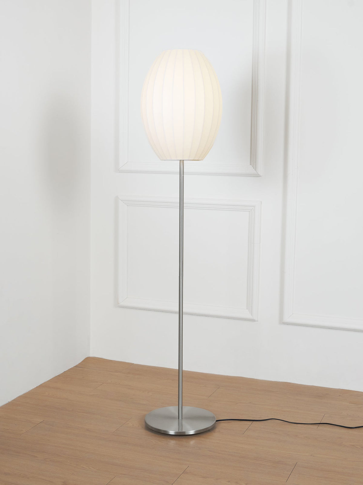 Lumina Spherical Floor Lamp – Handcrafted Silk Shade in Polished Chrome