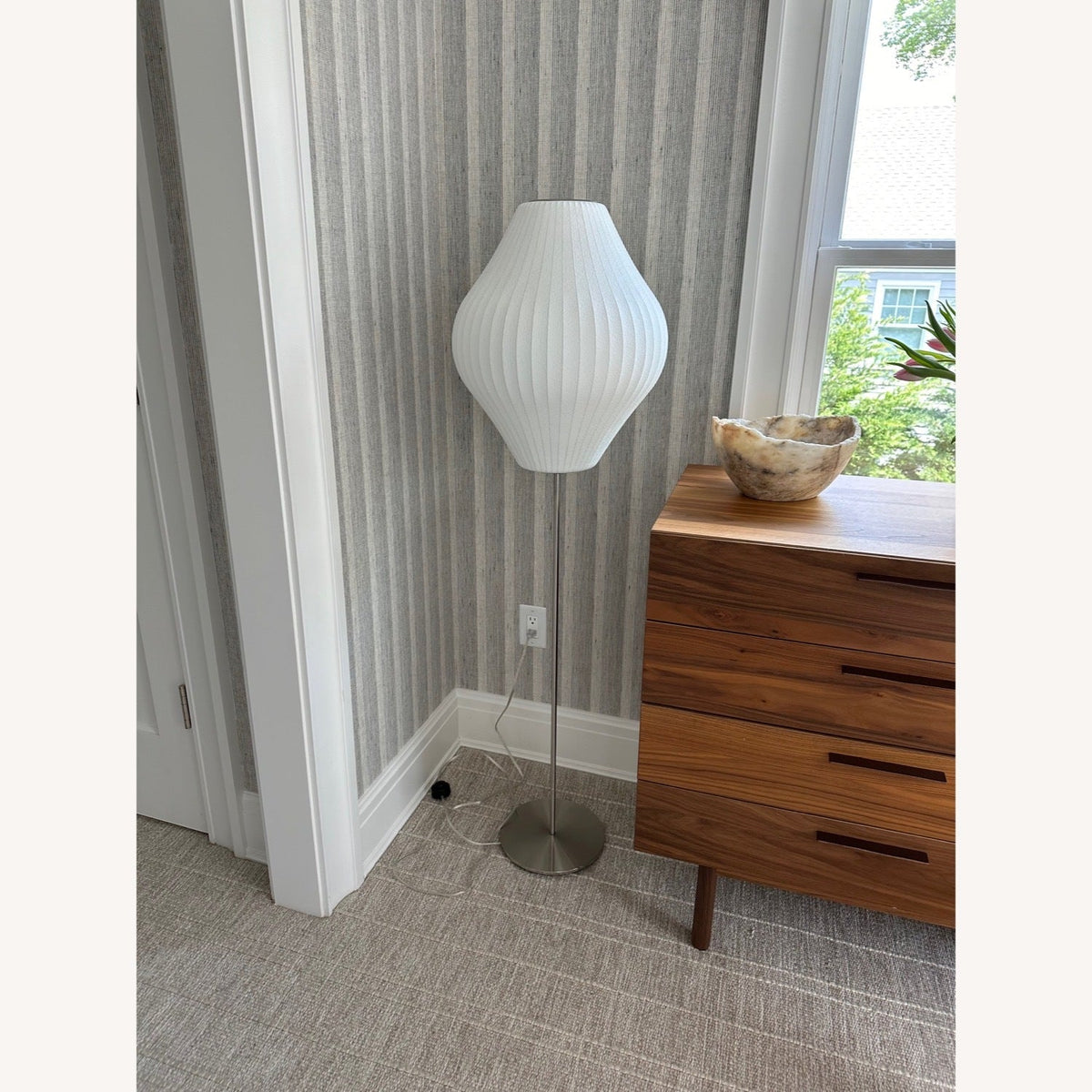 Lumina Spherical Floor Lamp – Handcrafted Silk Shade in Polished Chrome