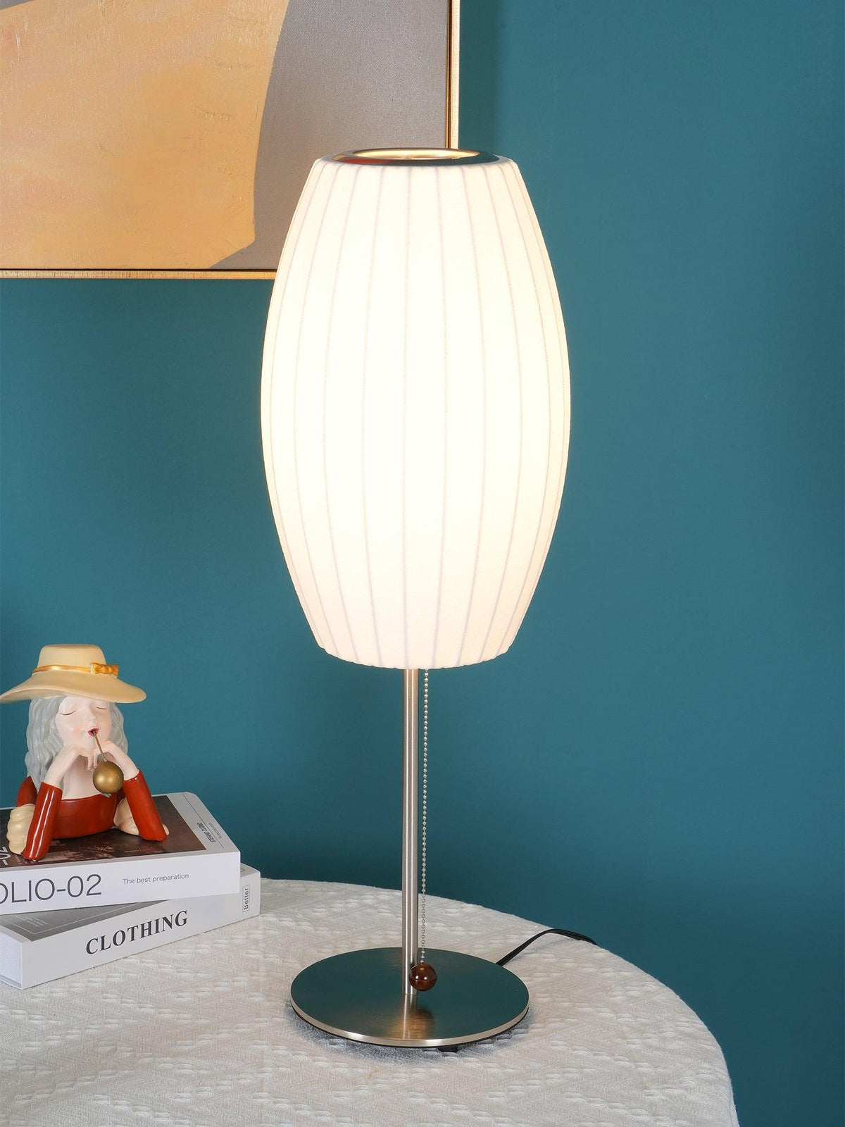 Faux Silk Bubble Table Lamp with Chrome Stem and Pull Chain