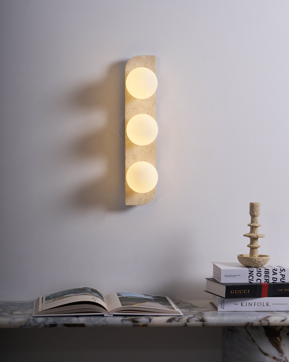 Elysian Travertine Wall Sconce with Glass Globes – Modern Natural Stone Lighting