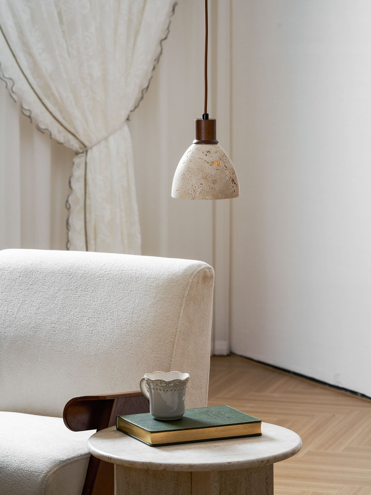 Nerio Pendant Light in Natural Travertine and Wood