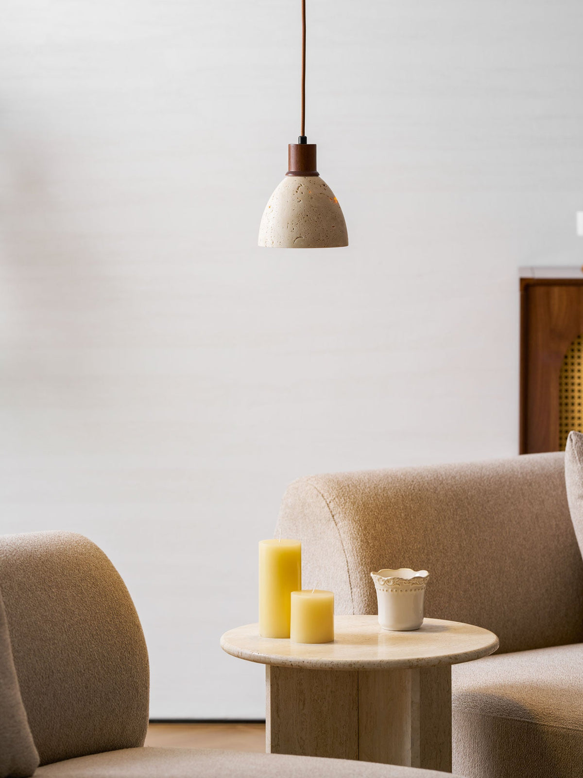 Nerio Pendant Light in Natural Travertine and Wood