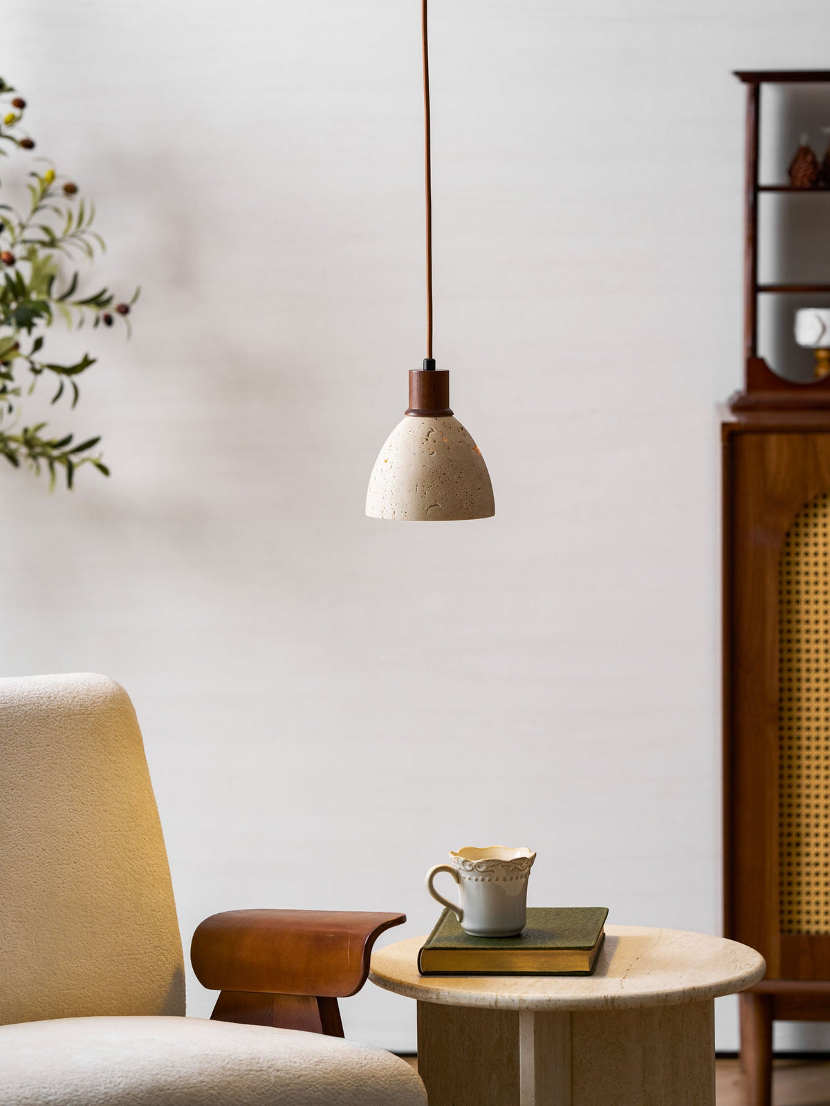 Nerio Pendant Light in Natural Travertine and Wood