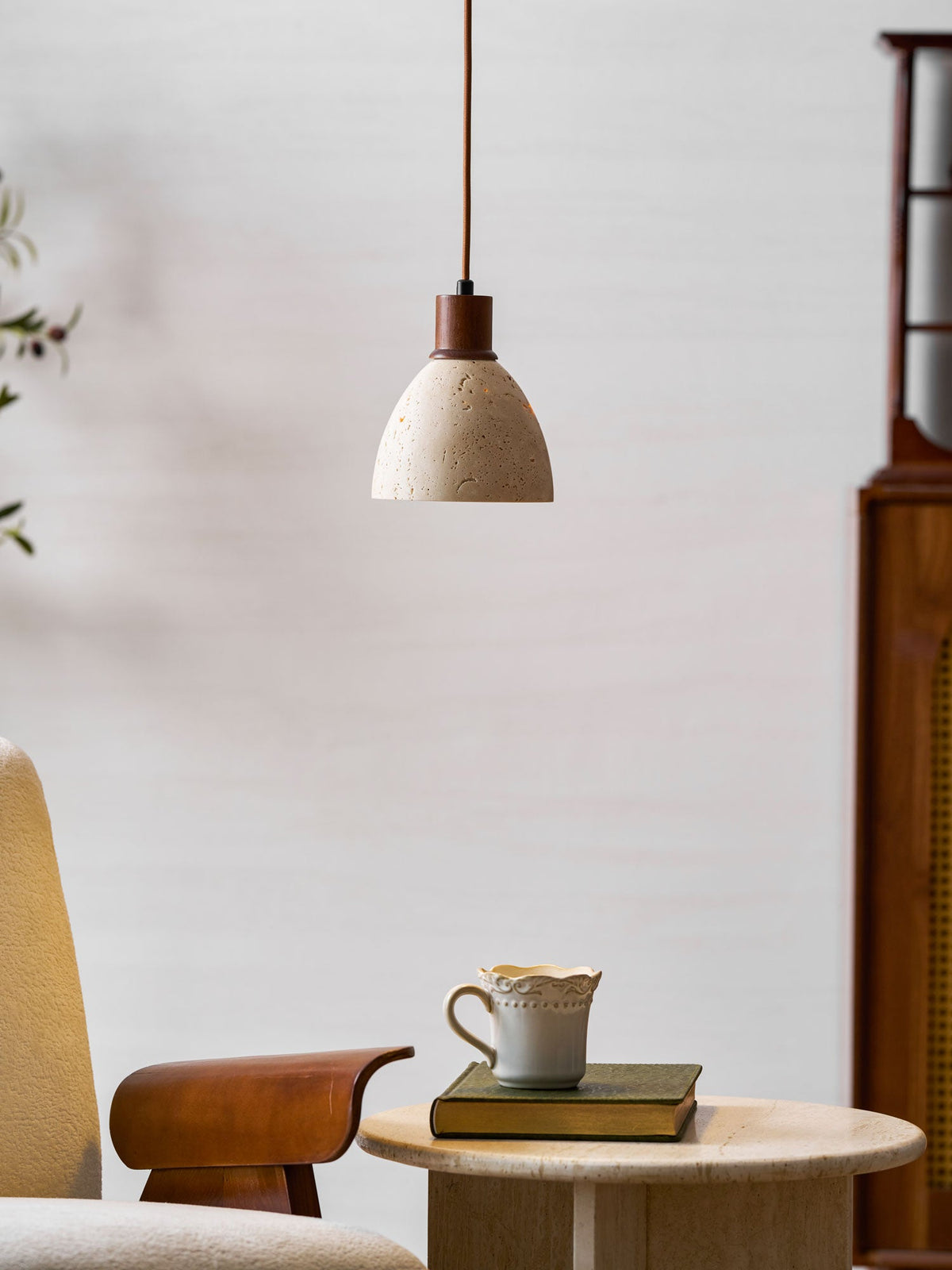 Nerio Pendant Light in Natural Travertine and Wood