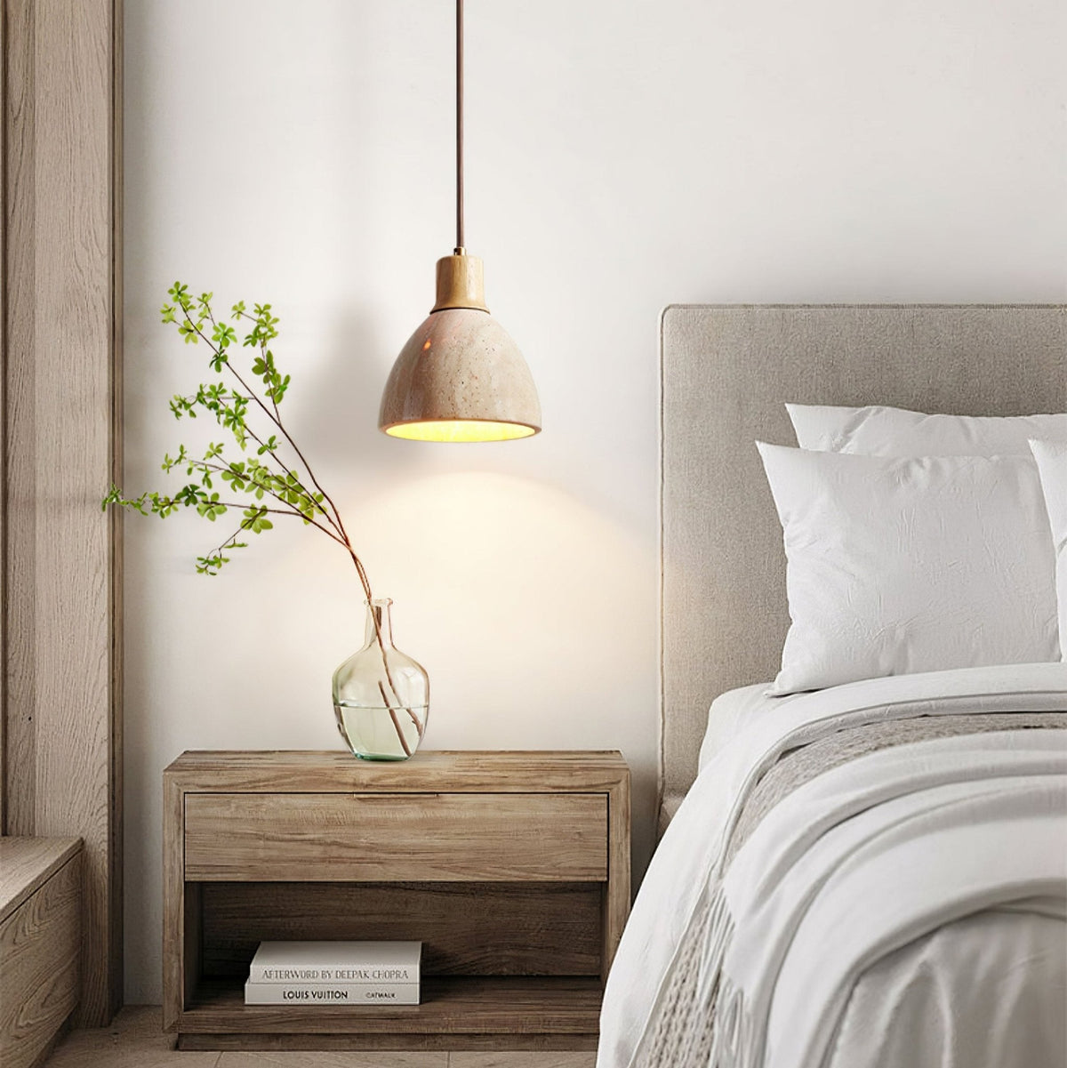 Nerio Pendant Light in Natural Travertine and Wood