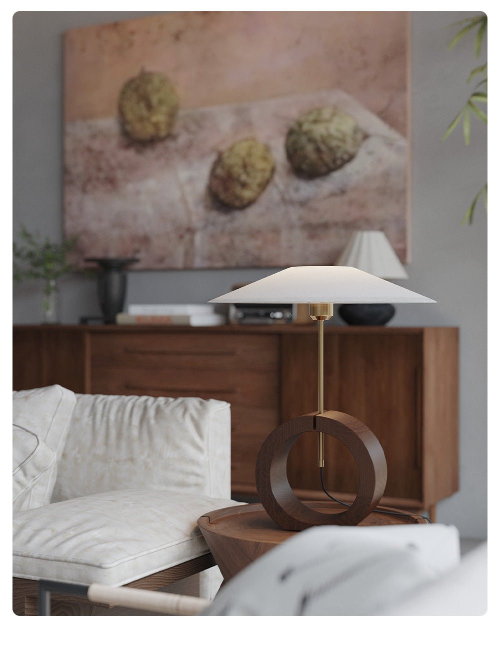 Neris Sculptural Table Lamp with Wooden Base and Brass Stem
