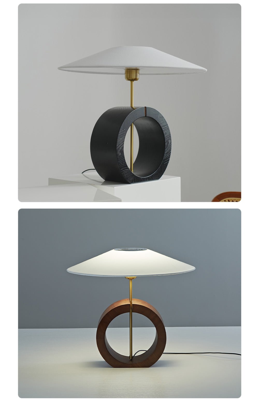 Neris Sculptural Table Lamp with Wooden Base and Brass Stem