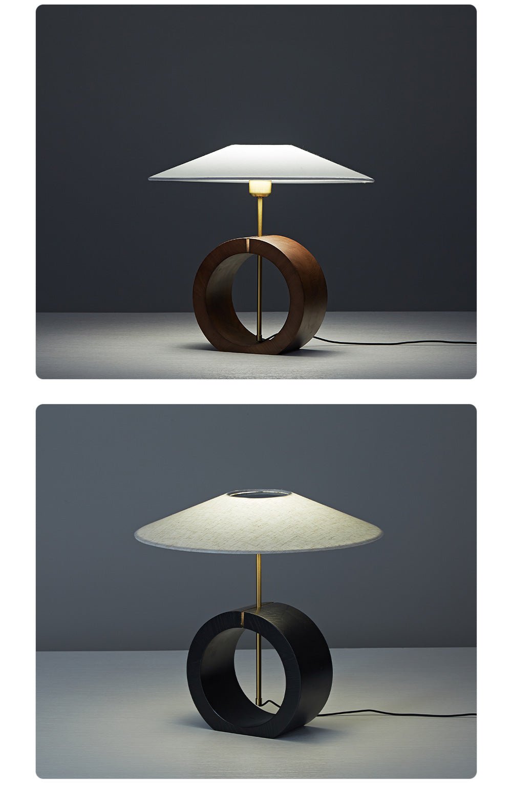 Neris Sculptural Table Lamp with Wooden Base and Brass Stem
