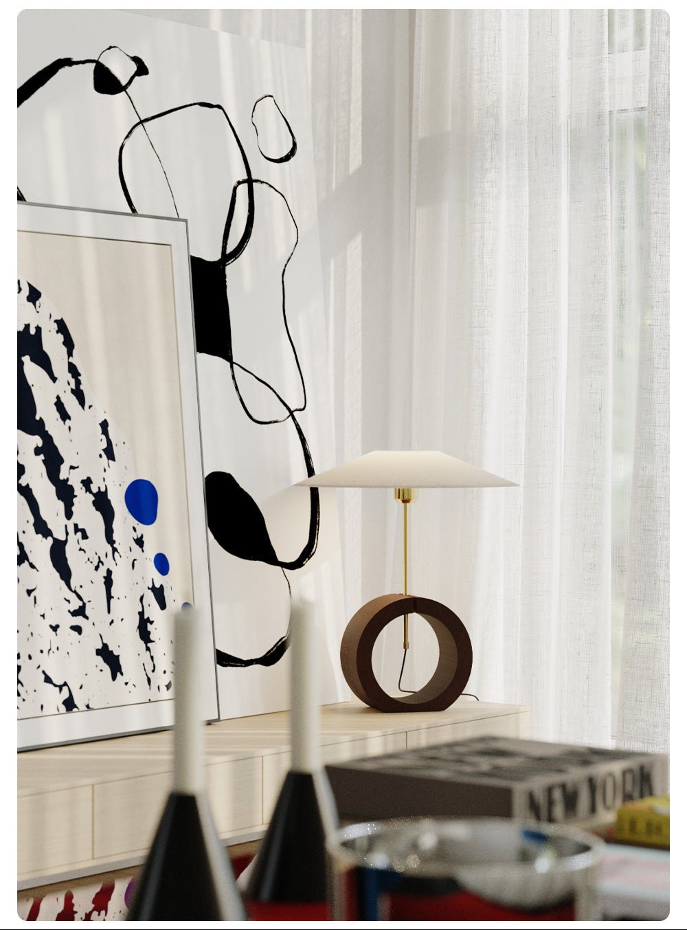 Neris Sculptural Table Lamp with Wooden Base and Brass Stem