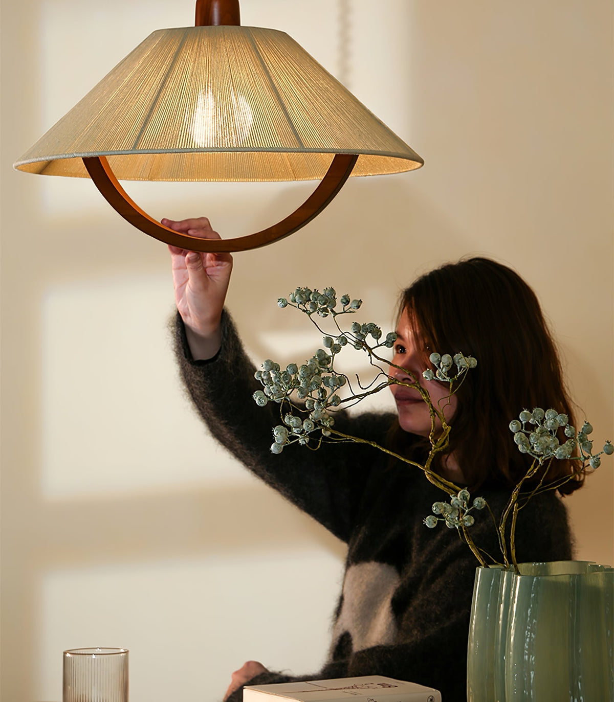 Nimbus Arc Pendant Light – Pleated Fabric Shade with Wood Accent