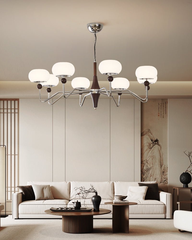 Nimira Modern Wood & Glass Chandelier – 8-Light Sculptural Pendant