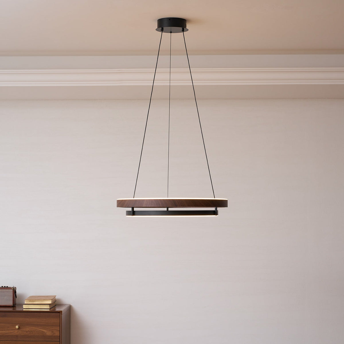 Haloa Modern Wood and Metal LED Pendant Light for Dining and Living Spaces