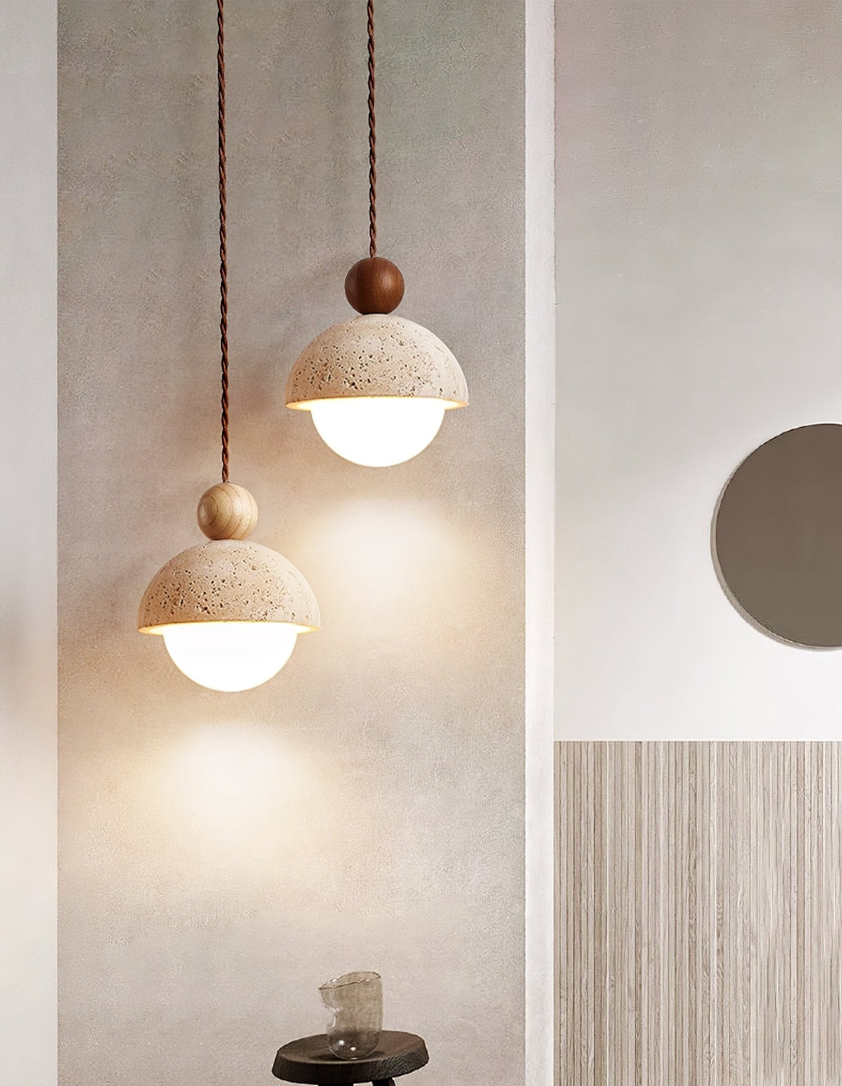 Niva Pendant Light in Yellow Travertine with Wood Accent