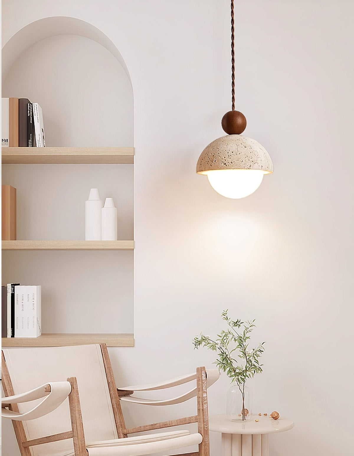 Niva Pendant Light in Yellow Travertine with Wood Accent