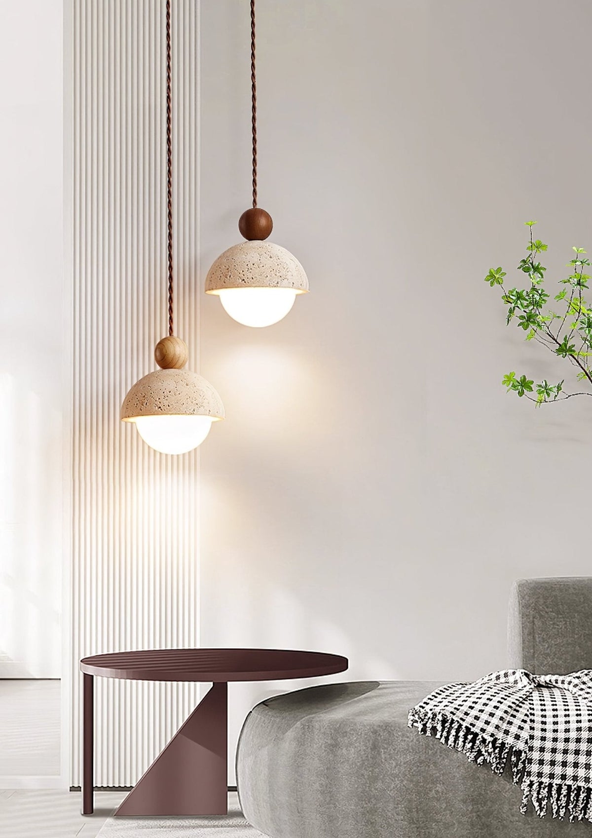 Niva Pendant Light in Yellow Travertine with Wood Accent