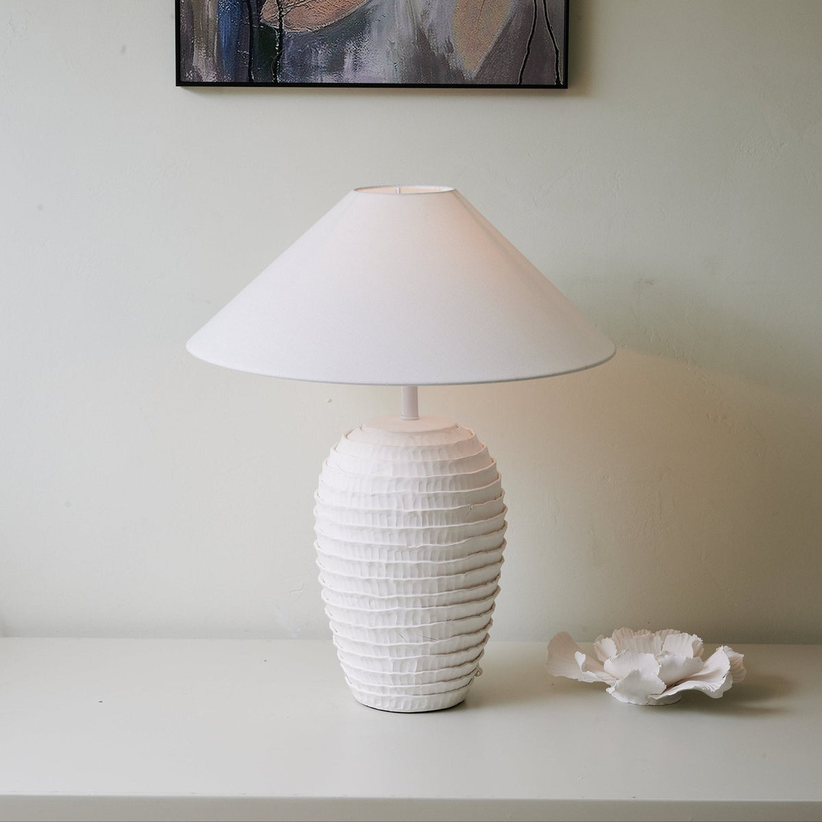 Nivara Ripple Ceramic Table Lamp with Linen Shade for Modern Interiors